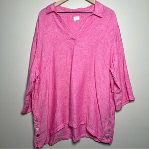 Sigrid Olsen Women Linen Top‎ 2X Pink Lagenlook V-Neck Popover Buttons Coastal